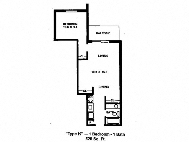 Floor plan for 1 bed, 1 bath, 540 sqft